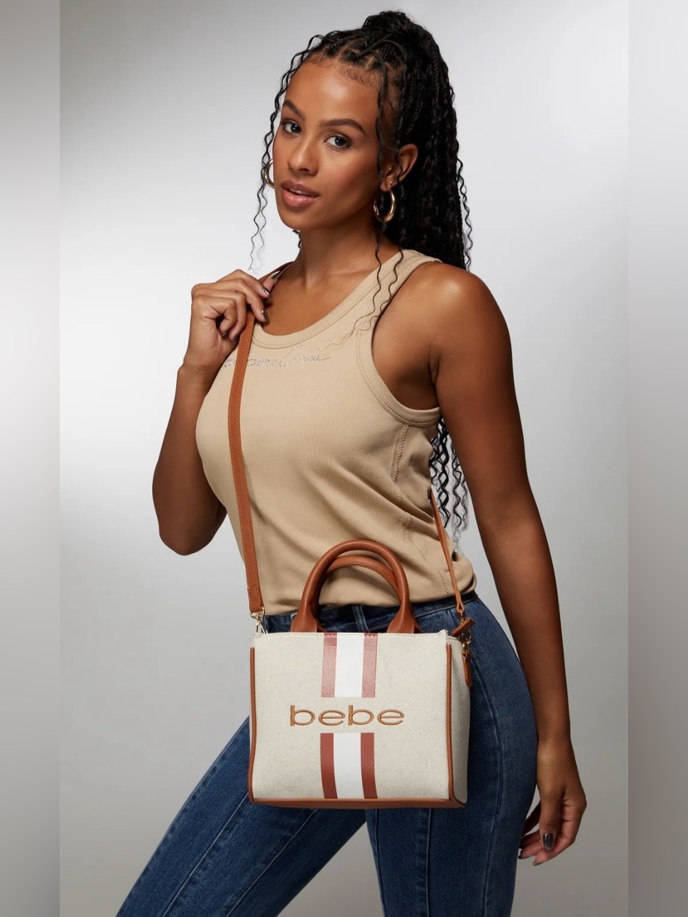BEBE Mini Canvas Satchel w/Brown Vegan Leather Trim